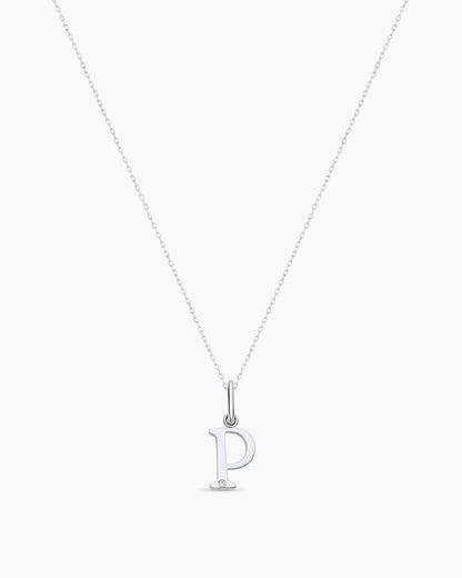 Diamond Vintage Alphabet Charm Necklace || option::14K Solid White Gold, P
