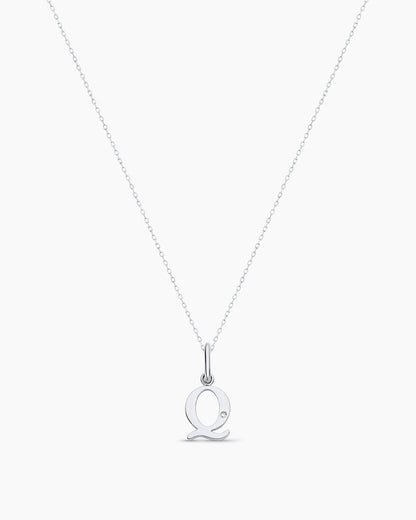 Diamond Vintage Alphabet Charm Necklace || option::14K Solid White Gold, Q