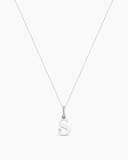 Diamond Vintage Alphabet Charm Necklace || option::14K Solid White Gold, S