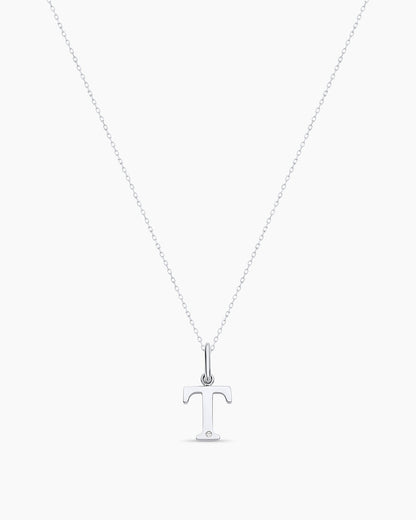 Diamond Vintage Alphabet Charm Necklace || option::14K Solid White Gold, T
