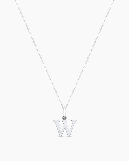 Diamond Vintage Alphabet Charm Necklace || option::14K Solid White Gold, W