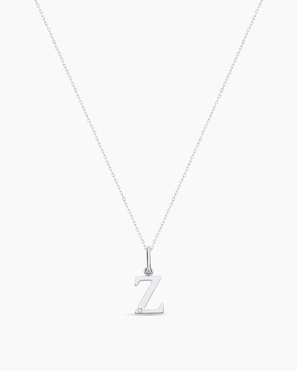 Diamond Vintage Alphabet Charm Necklace || option::14K Solid White Gold, Z