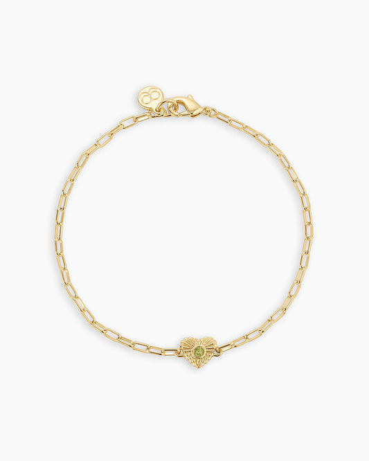 Birthstone Heart Bracelet || option::18K Gold Plated, Peridot - August