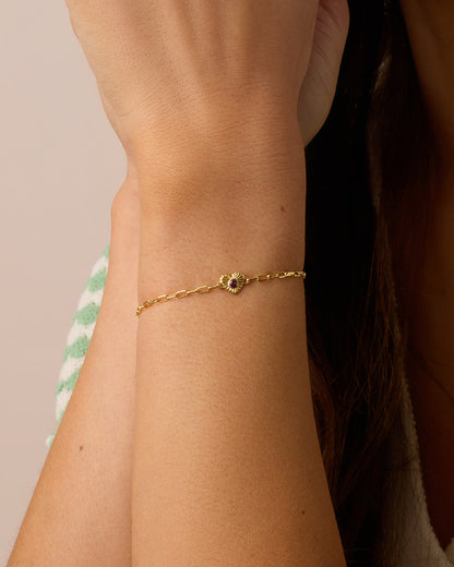 Birthstone Heart Bracelet || option::18K Gold Plated, Amethyst - February