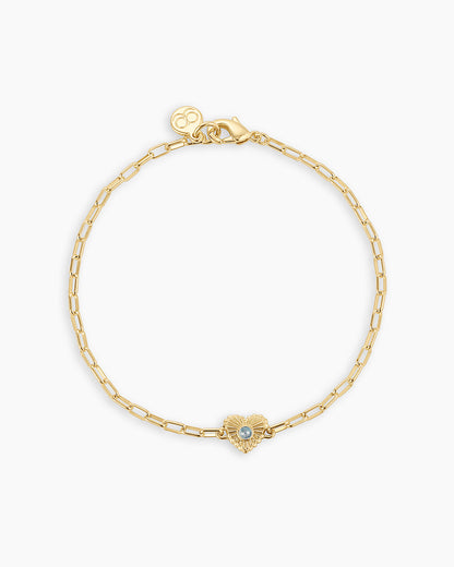 Birthstone Heart Bracelet || option::18K Gold Plated, Aquamarine - March