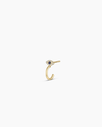 Diamond and Blue Sapphire Evil Eye Stud Single Huggie || option::14K Solid Gold