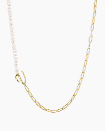 Lou Pearl Alphabet Necklace || option::18K Gold Plated, V