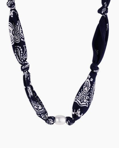 Paisley Bandana Pearl Necklace || option::18K Gold Plated, Navy