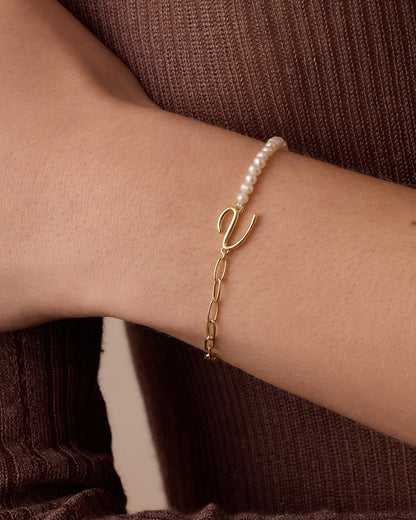 Lou Pearl Alphabet Bracelet || option::18K Gold Plated, V