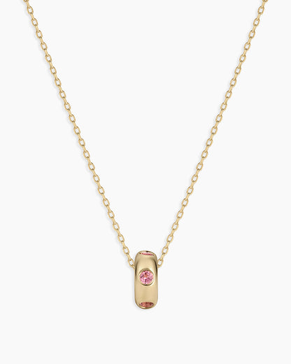 14K Gold Birthstone Halo Charm Necklace || option::14K Solid Gold, Pink Tourmaline - October