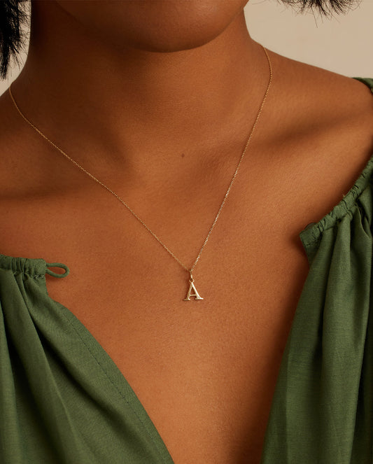 Diamond Vintage Alphabet Necklace || option::14K Solid Gold, A