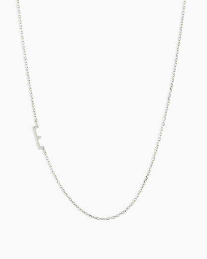 Woman wearing Alphabet Necklace || option::14K Solid White Gold, E