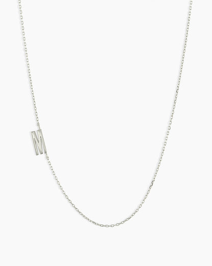 Woman wearing Alphabet Necklace || option::14K Solid White Gold, M
