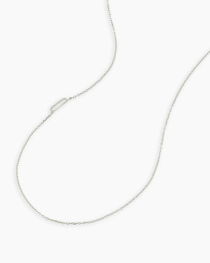 Woman wearing Alphabet Necklace || option::14K Solid White Gold, Q