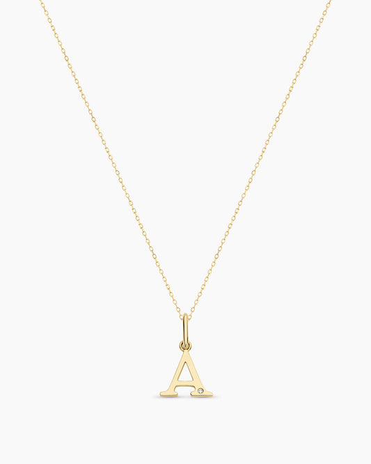 Diamond Vintage Alphabet Necklace || option::14K Solid Gold, A