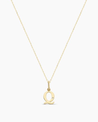 Diamond Vintage Alphabet Necklace || option::14K Solid Gold, Q