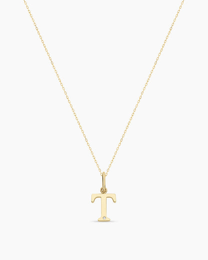 Diamond Vintage Alphabet Necklace || option::14K Solid Gold, T