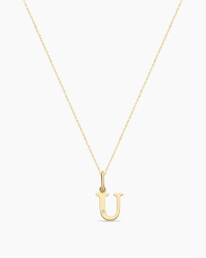 Diamond Vintage Alphabet Necklace || option::14K Solid Gold, U