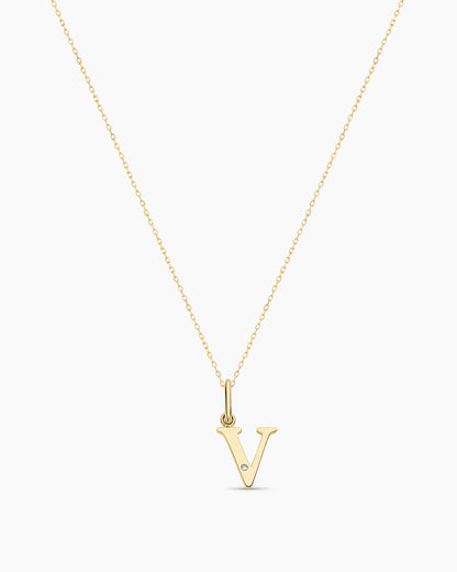 Diamond Vintage Alphabet Necklace || option::14K Solid Gold, V